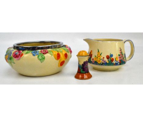 CLARICE CLIFF; a "Garden Mushroom" pattern decorated chrome rimmed ceramic bowl, diameter 21cm, marked 993 to the base, a Biz