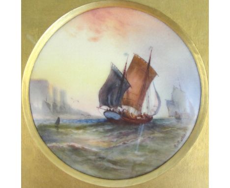 A Royal Worcester porcelain circular plaque hand painted with seascape with ships, signed R Rushton lower right (Raymond Rush