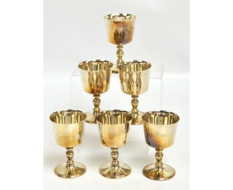 A set of six Elizabeth II hallmarked silver goblets with knopped stems and circular feet, Barker Ellis Silver Co, Birmingham 