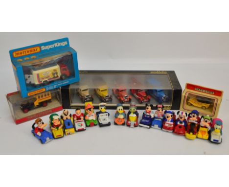 Seven assorted boxes of predominantly modern diecast scale models including boxed Matchbox Models of Yesteryear, Lledo, Solid