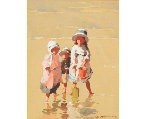 BERNARD MCDONALD (British, b.1944); watercolour, three children playing at the beach, signed lower right, 26 x 20cm, framed a