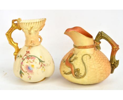 A Royal Worcester blush ivory basket weave effect jug with angled handle and lizard moulded decoration to the body, green pri