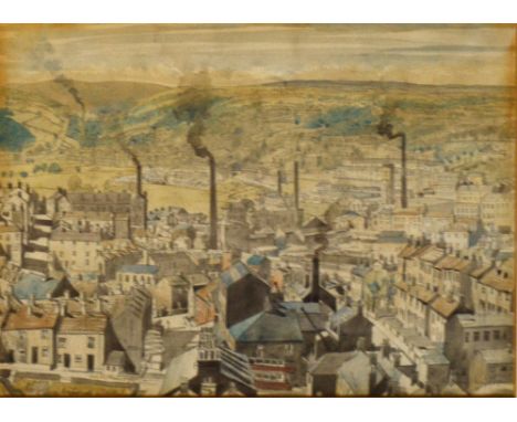 FRED C. JONES; pen, ink and watercolour "View of Brighouse", signed, dated 1937 and inscribed, 16 x 23cm, framed and glazed. 