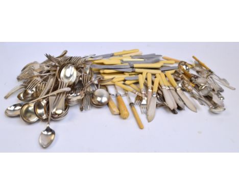 A quantity of electroplated Old English pattern flatware, comprising soup spoons, dessert spoons, table forks, dessert forks 