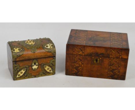 A Victorian walnut geometrically inlaid jewellery box of rectangular form, width 25cm, and a Victorian walnut brass bound two