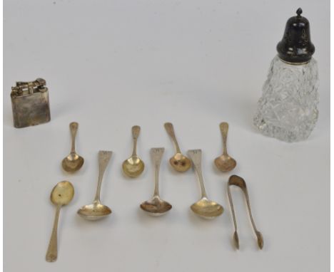 An Edward VIII hallmarked silver topped cut glass sugar caster, Lanson Ltd, Birmingham 1936, and a set of five Victorian hall