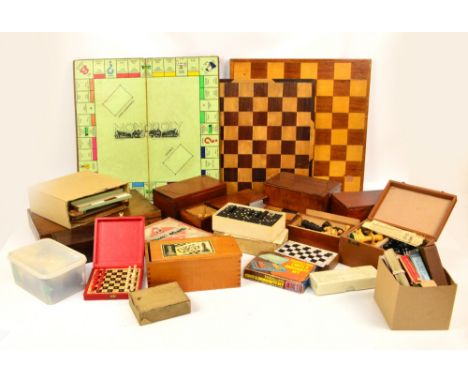A collection of various vintage boxed chess sets to include three travelling examples, also a boxed set of fine quality domin