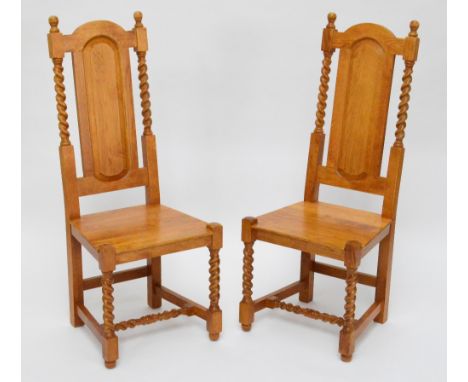 A set of six light oak dining chairs with barleytwist decorated backs, front legs and stretchers, height 118cm.