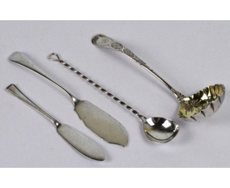 A Elizabeth II hallmarked silver cocktail spoon, London 1977, length 17cm, a Georgian hallmarked silver ladle, later pierced 