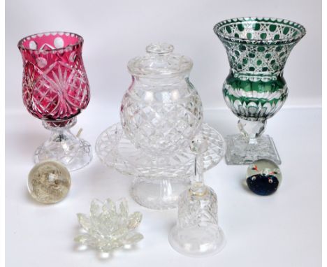 A quantity of glass ware comprising a large flash green and clear glass footed thistle shaped vase, a similar ruby flash lamp
