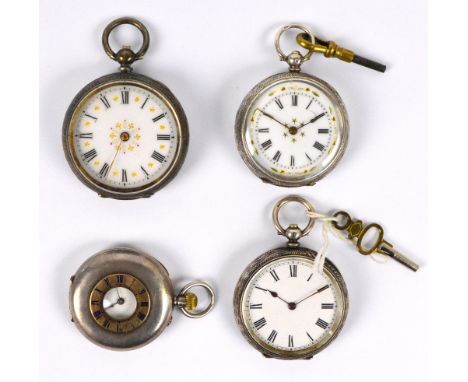 Four late 19th/early 20th century Continental silver fob watches; three open face examples with Roman numerals and white enam