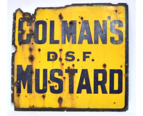 A vintage "Colman's D.S.F. Mustard" yellow and blue single sided enamel sign, 91 x 96cm (badly af).