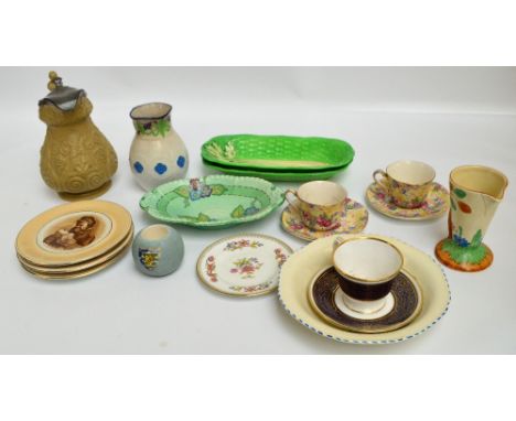 A small group of mixed ceramics including a pair of Royal Winton Grimwades Ltd transfer floral decorated cups and saucers, a 