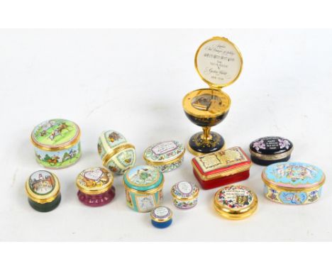 A collection of thirteen Halcyon Days enamel boxes to include musical examples "Always", "The Solitary Reaper" and "The Plane