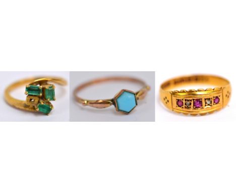 An 18ct yellow gold five stone dress ring, size N, approx 1.9g, a 9ct yellow gold and turquoise set ring, size O, approx 1.2g