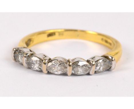 An 18ct yellow gold five stone diamond ring with oval cut stones in claw mount, size N, approx 3g.