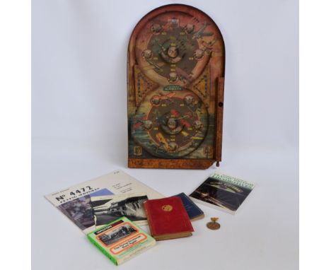 A quantity of collectors' items including a Lindstrom's Airways tinplate bagatelle game, height 61cm, some locomotive interes