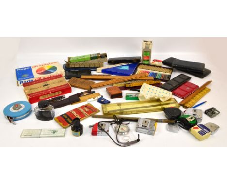 A group of various drawing instruments to include wooden rulers, pen nibs, pencils, William Mitchells "Witch" pens, also vari