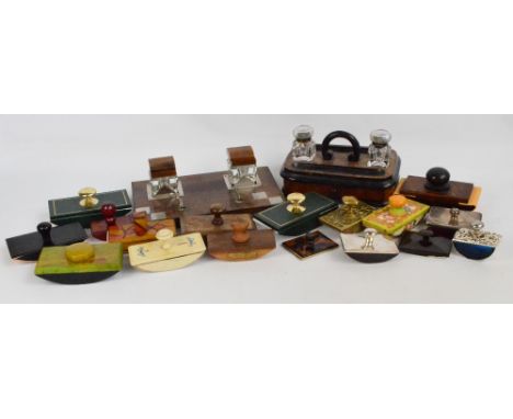An Art Deco mahogany rosewood and silver plate mounted double inkstand with twin glass inkwells and pen rest, a Victorian wal