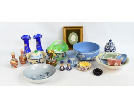 A small quantity of ceramics comprising a Wedgwood blue jasperware circular bowl, an oval plaque depicting Ludwig Mond, two t