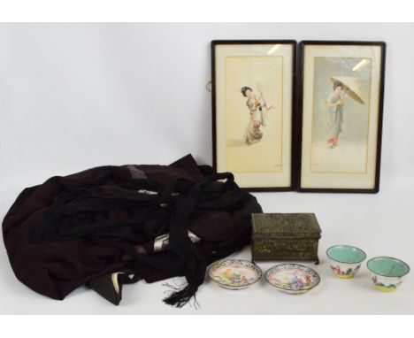 A small collection of Oriental items comprising a black art silk kimono, a similar purple example with metallic thread embroi
