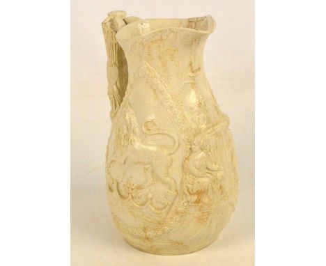 An early 19th century Old Hall, Hanley pressed earthenware pitcher of baluster form, with moulded body depicting Wedgwood to 
