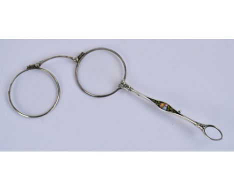 A pair of late 19th/early 20th century Continental silver folding lorgnettes with hand-painted floral enamel decorated handle