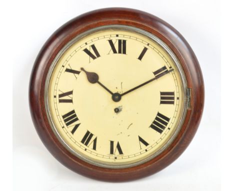 An early 20th century mahogany circular wall clock with thirty hour movement and circular dial painted with Roman numerals, d