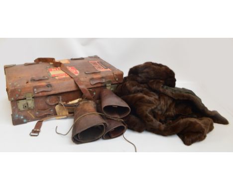 A vintage lady's brown fur coat with HG Wright Ltd of Manchester label, a similar cap, also a pair of leather gaiters and a v