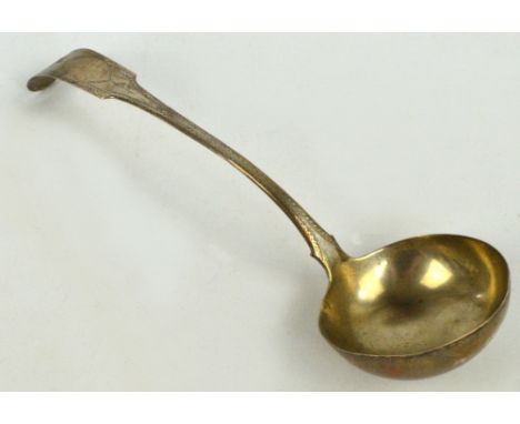 An Irish George III hallmarked silver soup ladle with bright cut engraved decoration, Arthur Murphy, Dublin 1808, length 33cm