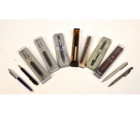 A collection of various pens to include a Parker fountain pen with 14ct yellow gold nib, a further similar example, two ball 