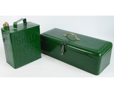 A green painted rounded rectangular tool box and a green painted Shell petrol can (both painted recently).