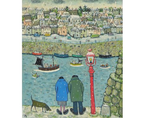 JOAN GILLCHREST (1918-2008); oil on card "Old Harbour at Newlyn", signed with initials lower right, signed and inscribed in a