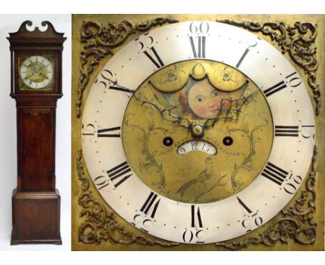 A George III mahogany longcase clock, the hood with broken swan neck pediment above fretwork panel and square section brass d