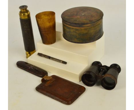 A small quantity of collectors' items including a horn beaker, a three draw telescope, a pair of "The Aero Club London" binoc