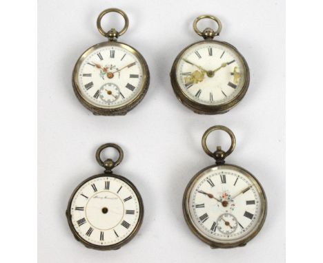 Four late 19th/early 20th century fob watches, each with white enamel dial set with Roman numerals, all key wind.