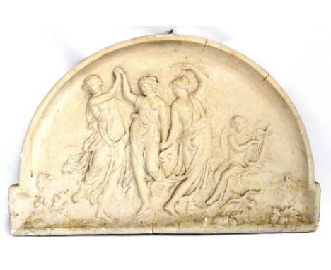 A decorative plaster arched panel depicting Three Graces and Cupid playing lyre, width 81cm, height 52cm (af).
