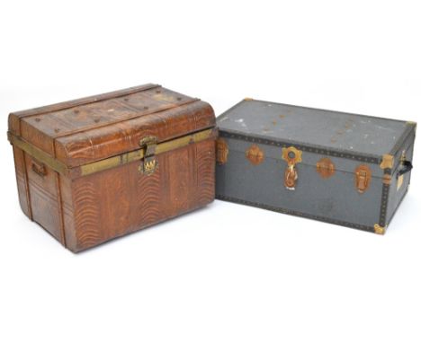 A vintage metal simulated wood travelling trunk, 74 x 56cm, height 52.5cm and a further example (2).