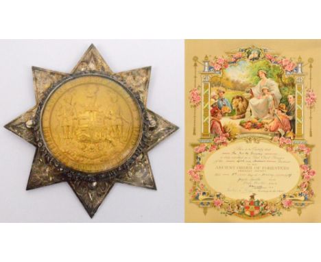A Victorian hallmarked silver mounted and gilt "Ancient Order of Foresters" jewel depicting coat of arms and supporters, insc