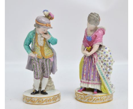 A pair of 19th century Meissen figures of a boy and a girl staring down at a broken mirror, height 16cm. CONDITION REPORT: Th