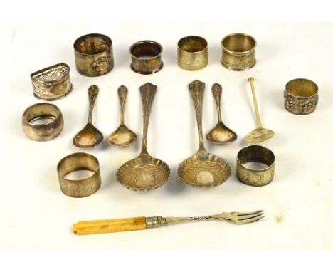 Four hallmarked silver napkin rings, various hallmarks, five plated napkin rings, a plated pickle fork, a plated dessert spoo