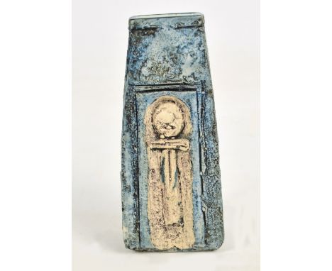TROIKA;  a 1970s ceramic "coffin" vase decorated in relief in tones of blue and grey on textured ground, marked and monogramm