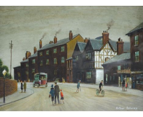 ARTHUR DELANEY (1927-1987); oil on board "Church Gate, Stockport", signed, inscribed in artist's own hand verso "Church Gate 