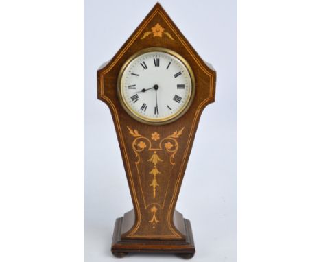 An Edwardian mahogany and satinwood inlaid mantel timepiece with arched case and circular white enamel dial set with Roman nu