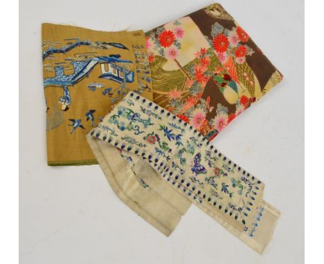 A section of Japanese fabric decorated with floral sprays and chijimi pattern designed as an undersash for an obi, a pair of 