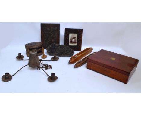 A quantity of treen including a rectangular mahogany cutlery box (empty), an oak carved frame, a large floral decorated print