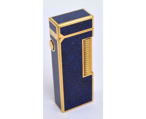 DUNHILL; a rectangular lighter with simulated lapis lazuli body and gold plated mounts, length 6.3cm, in associated pouch. CO