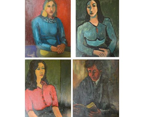 CONSTANTINE STERIO; four oil portraits; "Woman in Red Shirt", 60 x 45cm, "Red Buttons", 60 x 45cm, "Blue Blouse", 70 x 56cm, 