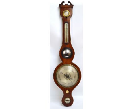 A late 19th century mahogany banjo barometer with string inlay and broken swan neck pediment, the large gauge below a small c