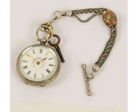 A late 19th/early 20th century Swiss silver open face key wind fob watch, the circular enamel dial set with Roman numerals an